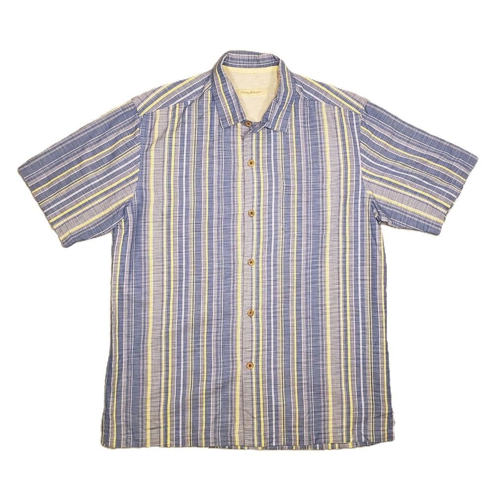 Tommy Bahama Striped Silk Hawaiian Aloha Shirt Mens Large Blue Tropical‎ Retro